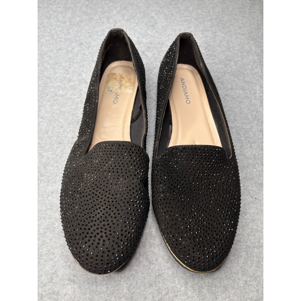 Andiamo Women Black Rhinestone Loafers Slip On Pointed Toe Flats Size 11M